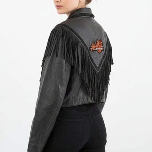 Harley Davidson Black Leather Fringe Cropped Jacket Size XL - Picture 10 of 10